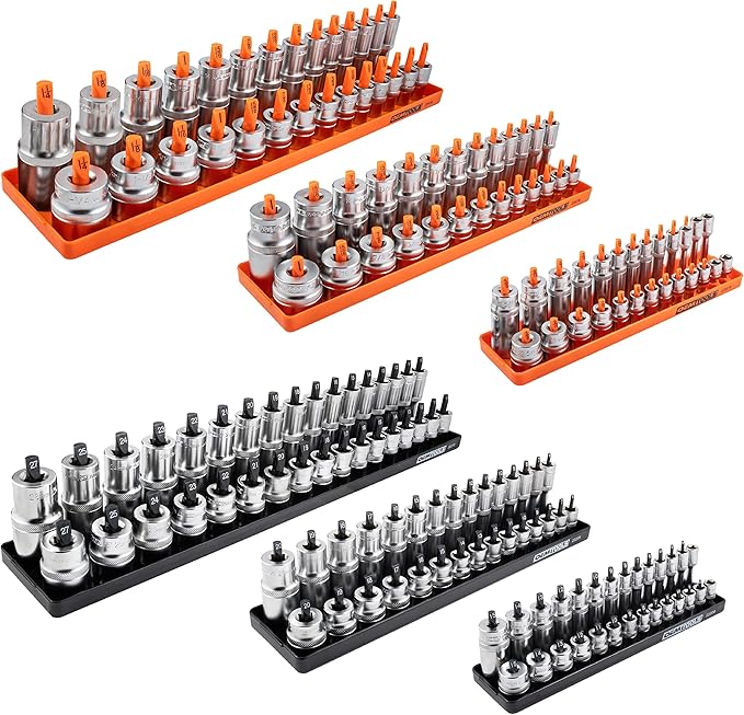 OEMTOOLS 22418 Magnetic Socket Organizer Set, 6-Piece Holder Set Includes 1/4", 3/8", 1/2" Drive Metric SAE Socket Trays, Tool Box Organizer, Christmas Gift for Men(Sockets not Included)