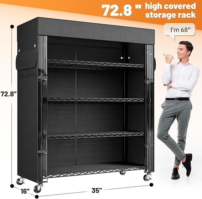 REIBII 72.8" H Storage Shelves with Cover & Wheels, Wire Shelving Heavy Duty Metal Shelving for Pantry Garage Kitchen Commercial Industrail, Storage Rack Shelf Shelving, 35" W*16" D*72.8" H