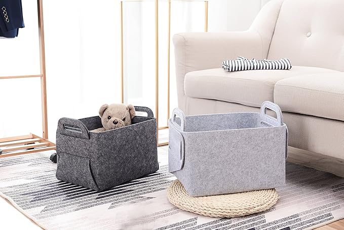Minoisome Storage Basket Felt Storage Bin Collapsible& Convenient Box Organizer with Carry Handles for Office Bedroom Closet Babies Nursery Toys Laundry (Grey, 13.8inch（L）×9.5inch（W）×8.3inch（H）)
