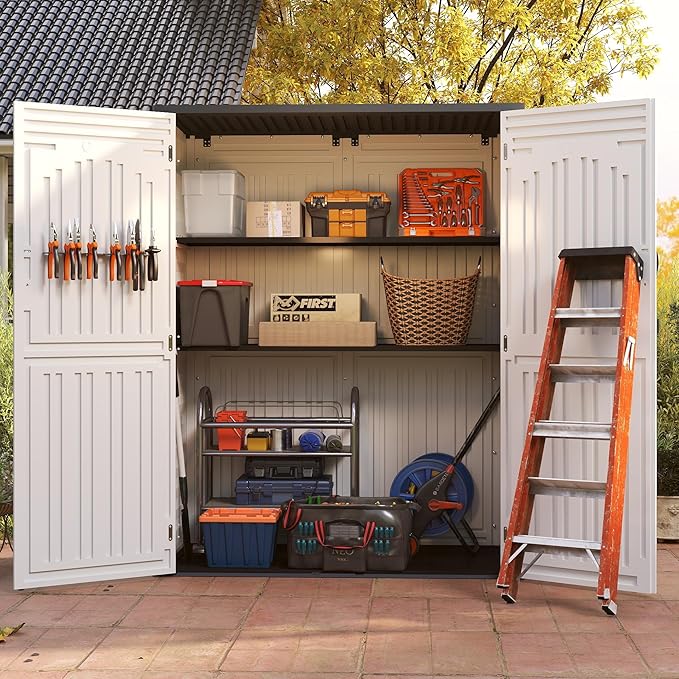 EHHLY Vertical Resin Storage Shed, 60 Cuft Garden Tool Sheds & Outdoor Storage, Plastic Outdoor Storage Cabinet Waterproof, 4.5 x 2.3 ft Backyard Outside Lawn Mower Storage Shed, Light Grey