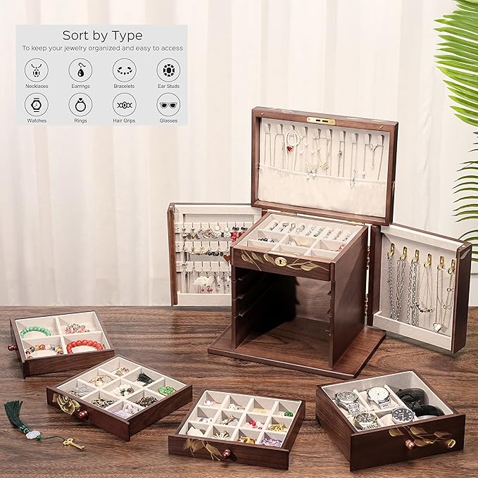 Hand-Painted Wooden Jewelry Boxes for Women - 8-Layer Large Lockable Jewelry Box with Compartments, Dresser Top Jewelry Organizer, Vintage Wooden Jewelry Storage