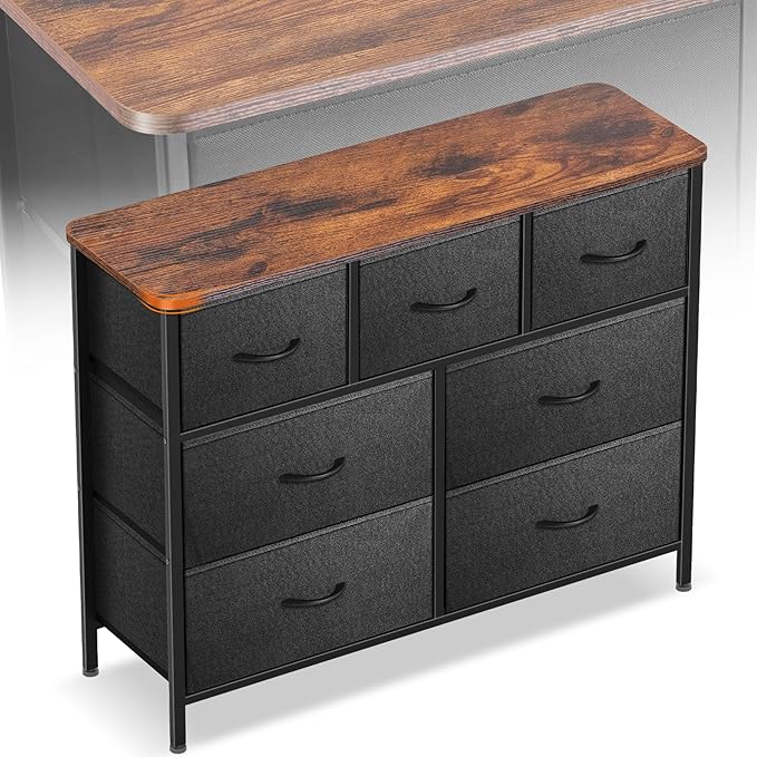 Curved Profile Dresser for Bedroom, Chest of Drawers, 7 Storage Drawers Organizer Unit, Brown Dresser with Fabric Bins for Closet, Living Room, Kid Room (Black and Rustic Brown)