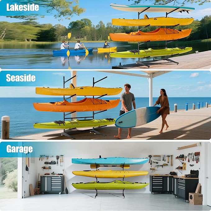 Kayak Storage Rack, Heavy-Duty Outdoor Canoe Rack, Reinforced, Thickened, and Enhanced Rust Resistance, Holds 440 lbs, for Safe Indoor and Outdoor Kayak Storage(4-Tier, Black)
