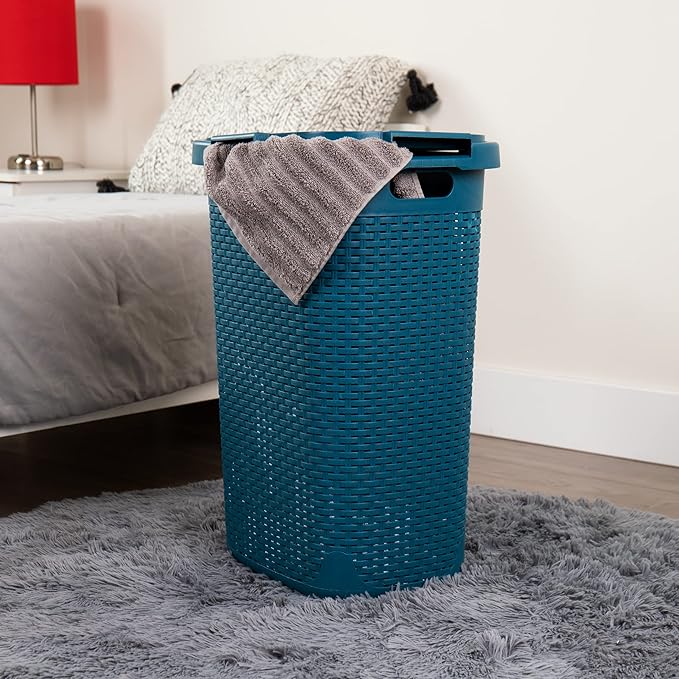Mind Reader Slim Laundry Hamper with Lid, 60L Clothes Basket, Premium Wicker Design, Plastic, Blue