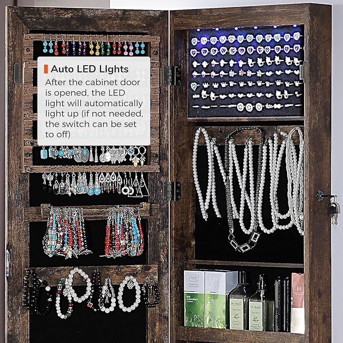 GISSAR Full Length Mirror Jewelry Cabinet, 6 LEDs Jewelry Armoire Wall Mounted Over The Door Hanging, Jewelry Organizer Storage with Lights Lockable, Vintage Brown, 14.6" x 47.2"