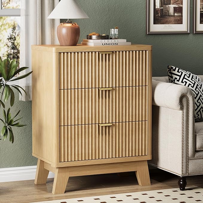 Fluted Nightstand with 3 Storage Drawers, 24" Wide Wood Bedside Table with Mental Handle, Mid Century Modern Wooden Side Table Night Stand, Curved End Table for Bedroom, Living Room, Oak