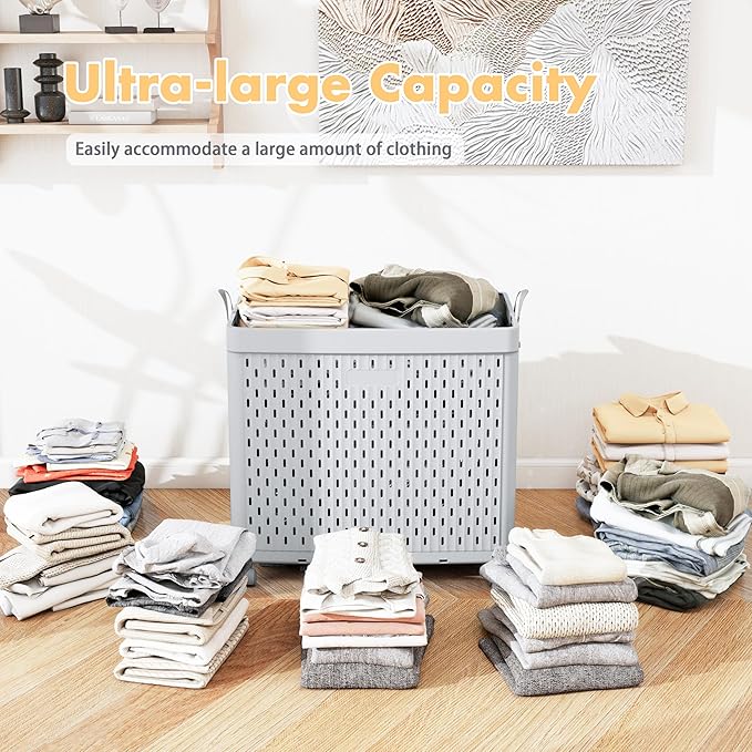 UAK Laundry Basket with Wheels, Collapsible Plastic Laundry Hamper with Handle, Foldable Laundry Basket Organizer for Laundry and Bathroom Light Grey, XXXXL (110L)