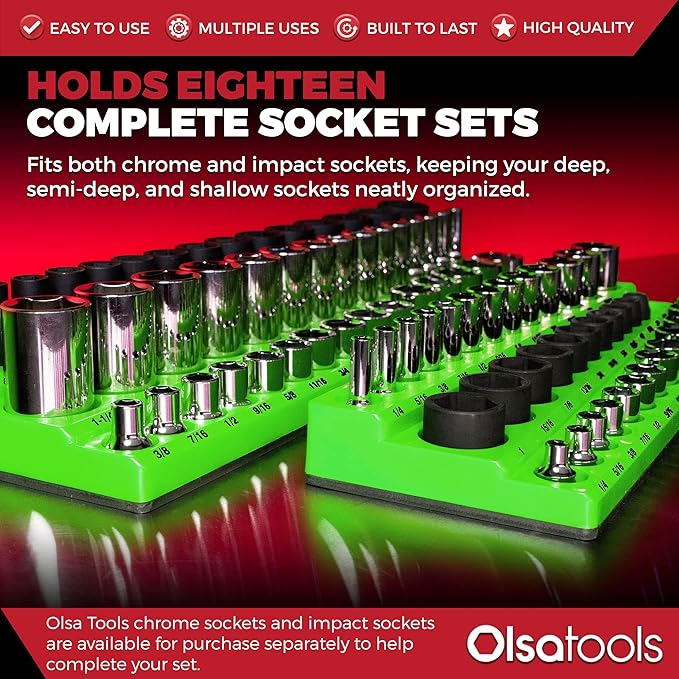 Olsa Tools Magnetic Socket Organizer | 6pc Socket Holder Kit | 1/2-Inch, 3/8-Inch, & 1/4-Inch Drive | Socket Organizers For Toolboxes | Black | Holds 273 | Professional-Grade Tool Organizer |Part 1666