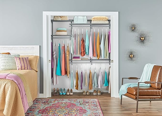 ClosetMaid ShelfTrack Wire Closet Organizer System, Adjustable from 4 to 6 Ft., With Shelves, Clothes Rods, Hardware, Durable Steel, Satin Chrome