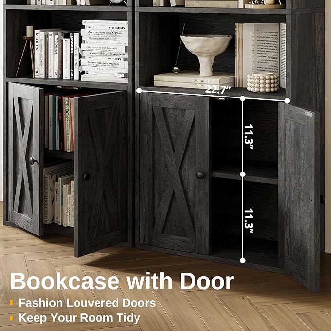 IRONCK Industrial Bookshelves and Bookcases with Doors 11.8 in Depth Set of 2 Floor Standing 5 Shelf Display Storage Shelves Bookcase Home Decor Furniture for Home, Office, Living Room, Bedroom