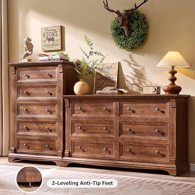 Farmhouse 6 Drawers Dresser for Bedroom, 54" Wide Large Dressers & Chests of Drawers w/Roman Column, Wooden Dresser TV Stand with Large Drawers for Bedroom Living Room Hallway,Reclaimed Barnwood