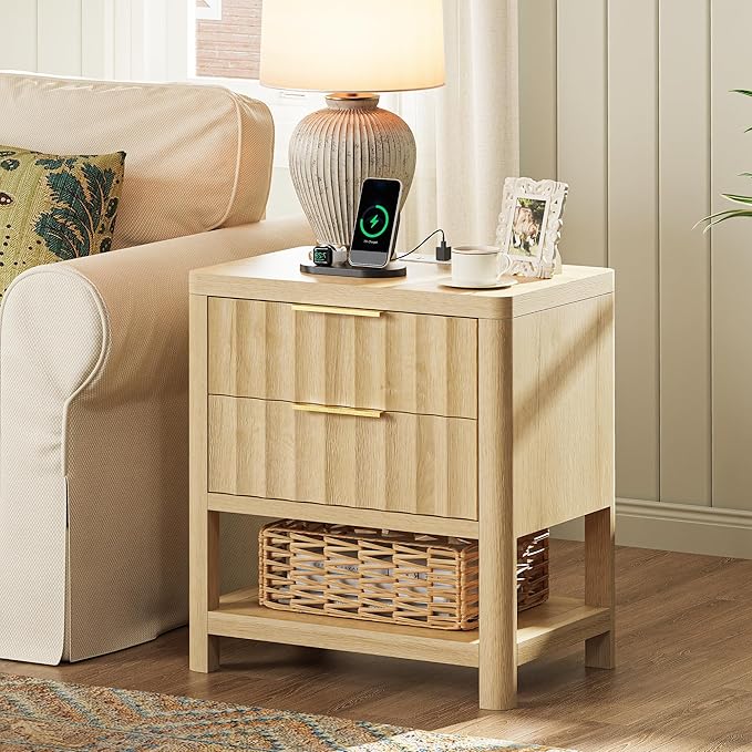 Huuger 27.6 Inch Tall Night Stand with Charger Station, USB-C Port, Fluted Nightstand with 2 Deep Drawers, Larger Wider Bed Side Table with Open Shelf, Bedroom Living Room End Table, Natural