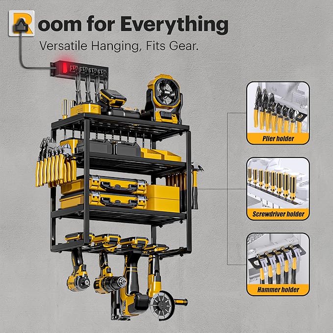 Power Tool Organizer Wall Mount with Charging Station, 4 Drill Holders and 4 Layers Garage Organization, Tool Battery Holder with 4 Outlet Power Strip, Tool Storage for Workshop Pegboard, Shed
