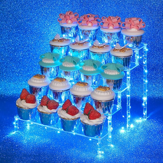 DIWNELEM 5 Tier Acrylic Risers with Blue LED Light - Acrylic Display Stands for Countertop Organizer, Collections and Cosmetics