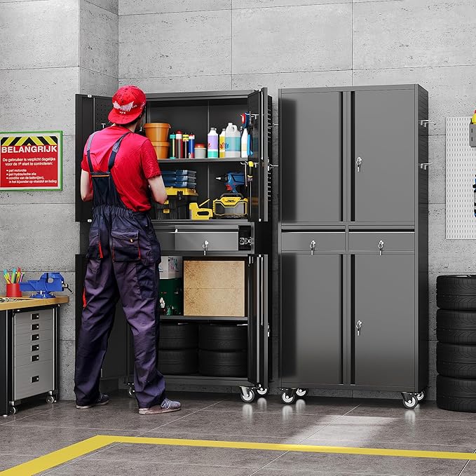 Aobabo Metal Garage Storage Cabinet with Wheels and 2 Locking Drawers, 71" H Steel Rolling Tool Cabinet with 8 Hooks and 2 Adjustable Shelves for, Home, Office, Assembly Required, Black