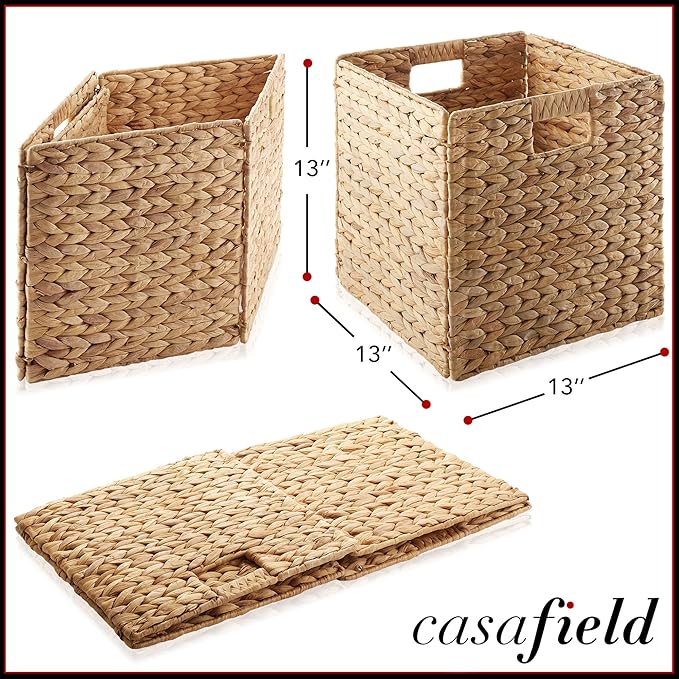 Casafield 13" x 13" Water Hyacinth Storage Baskets, Natural - Set of 4 Collapsible Cube Organizers, Woven Bins for Bathroom, Bedroom, Laundry, Pantry, Shelves