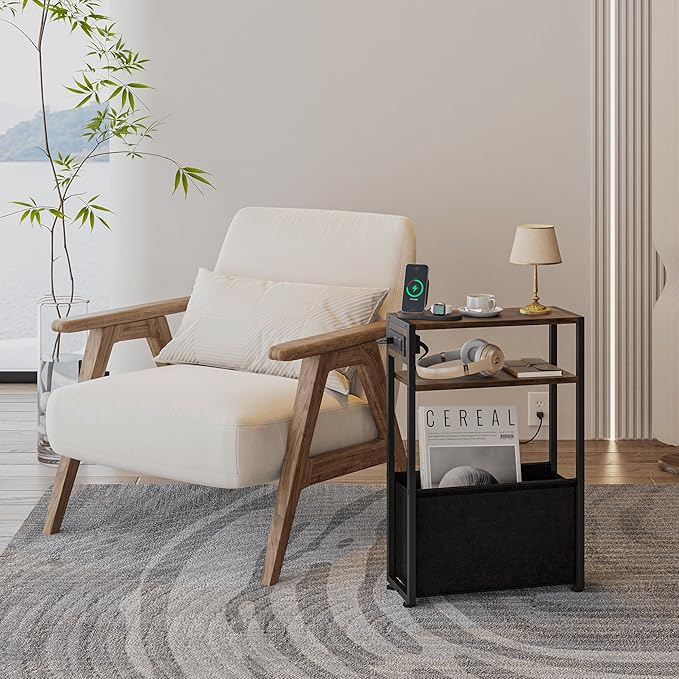 Narrow Side Table, Slim End Tables with Fabric Basket, Skinny Table for Small Spaces, Thin Bedside Table for Living Room, Bedroom (1, Rustic Brown - Outlet)