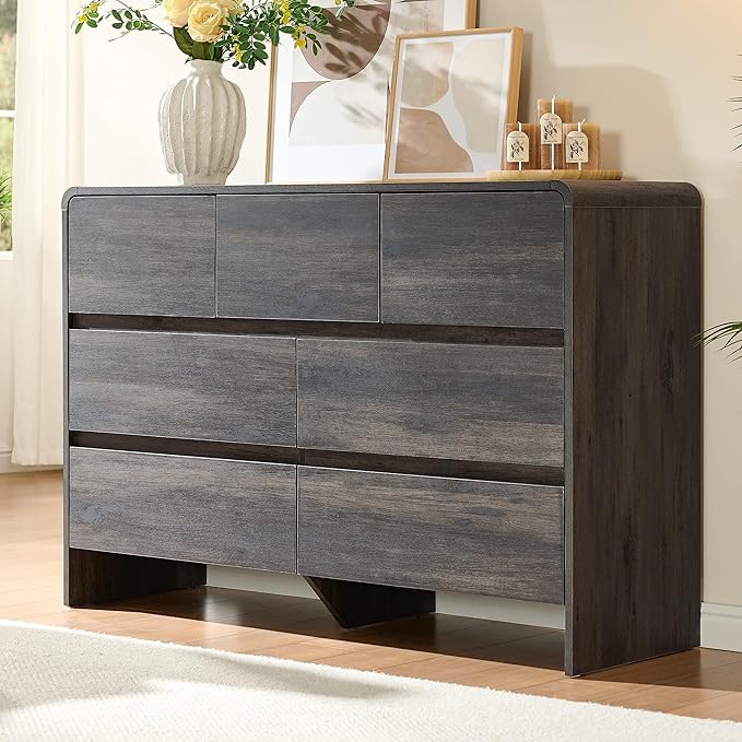 AMERLIFE 7 Drawer Dresser for Bedroom, 49" Wide Modern Chest of Storage Drawers with Rounded Corners, Anti-Tip Kit, Wood Cabinet Organizer for Closet, Living Room, Nursery, Easy Assembly, Black