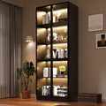 Wooden Display Storage Cabinet with Glass Door, LED Lights,Showcase for Collections, Perfume, Vinyl Albums, Bookcase for Home Office, Living Room, Clinic, Pantry (5 Layers-Black)