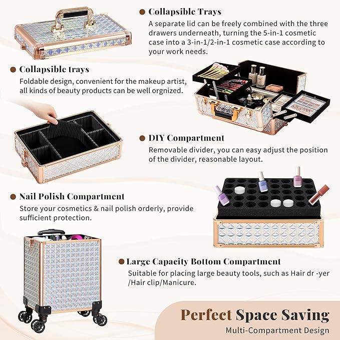 AROUS 5 in 1 Rolling Makeup Train Case Cosmetology Case on Wheels Large Cosmetic Organizer Travel Cart for Hairstylist Artist Nail Beauty Salon Barber,White
