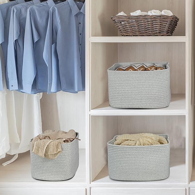 Cotton Rope storage Basket Bins Woven Basket for Organizing Shelves 15X10X9.3“ Rectangle Decorative Baskets For storage Clothes Toys Books Towels Square Wicker Nursery basket organizer 3 pack grey
