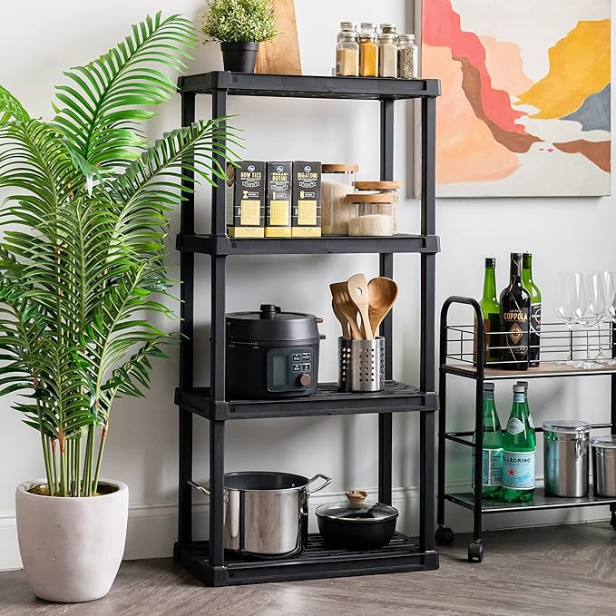 IRIS USA 4-Shelf Heavy Duty Plastic Storage Shelves, 600lb Capacity, 56" H x 36" W x 18" D, Large Modular Shelving Unit Storage Organizer for Garage, Home, Warehouse & Gym, Storage Rack - Black
