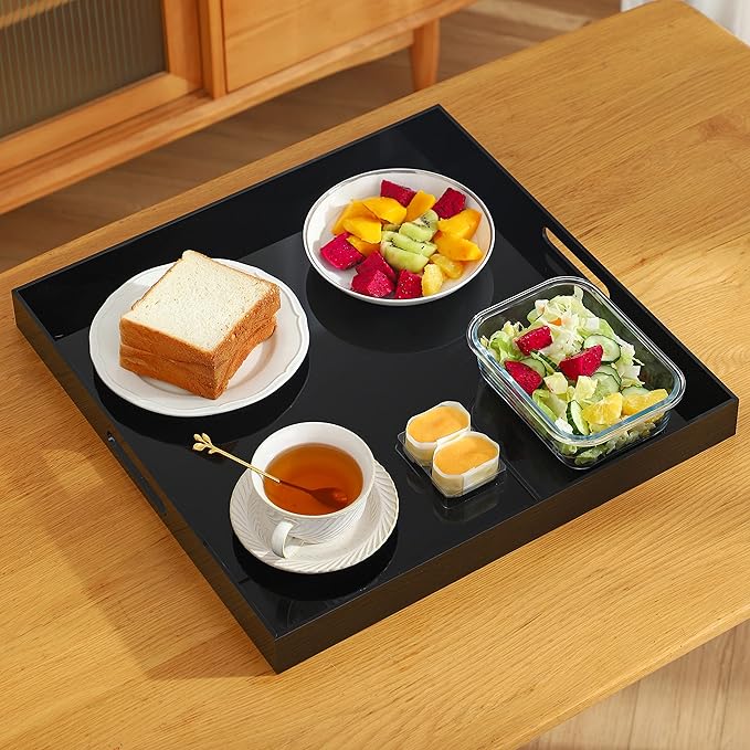 Black Oversize Acrylic Serving Tray with Handles 19x19 Inch -Spill Proof- Decorative Trays Countertop Organizer for Ottoman,Nightstand, Sidetable, Butler (19x19 Inch, Black)