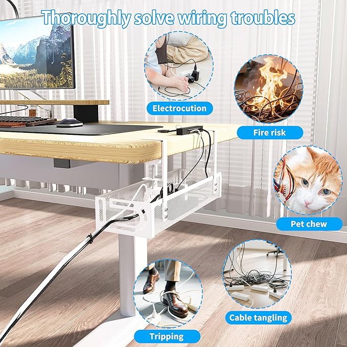 No Drill Under Desk Cable Management Tray, SONATURE 15.7" Cord Organizer for Table, Clamp Mount Desk Cable Management, Premium Carbon Steel Cable Organizer for Office, Home (White)