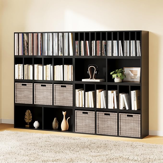 IOTXY DIY Modular Cube Bookcase - CubeXY Customizable Stackable Expandable Combination Set, 23-Cube Open Bookshelf for Books, Fabric Storage Bin, and Vinyl Record Organizer, Black