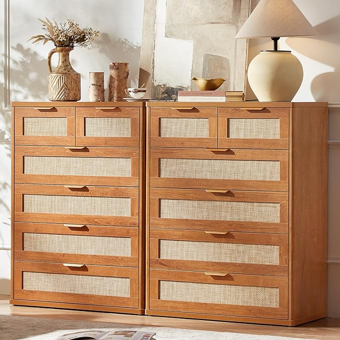 LEYAOYAO Rattan Dresser for Bedroom, 41" Tall Chest of Drawers, Modern 6 Drawers Boho Dressers with Storage, Vintage Brown Dresser Wooden Closet Organizer for Living Room, Hallway