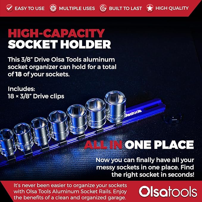 Olsa Tools Aluminum Socket Organizer with Locking End Caps - 3/8-Inch Drive - Blue Socket Holder Rails for Chrome or Impact Sockets - Compact and Durable Socket Storage Solution - Part: 1175