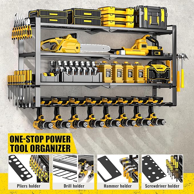 Large Power Tool Organizer Wall Mount, Heavy Duty Metal Tool Storage Rack Loads 400lbs, 8 Cordless Drill Holder 4 Layer, Battery Tools Hanger with Charging Station Shelf for Garage Organization