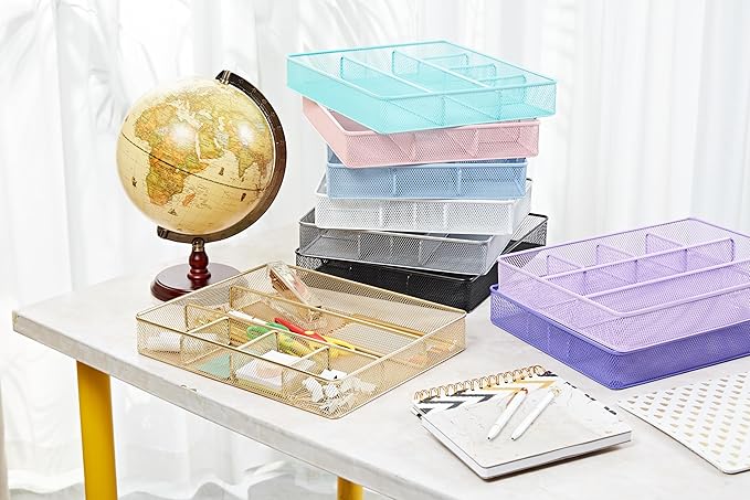 Annova Desk Top Organizer Tray for Office Organization - Metal Mesh - Storage Tray with Dividers for Pens, Desktop Accessories, Bathroom, Kitchen, Makeup and Office Supplies (Large, Black)