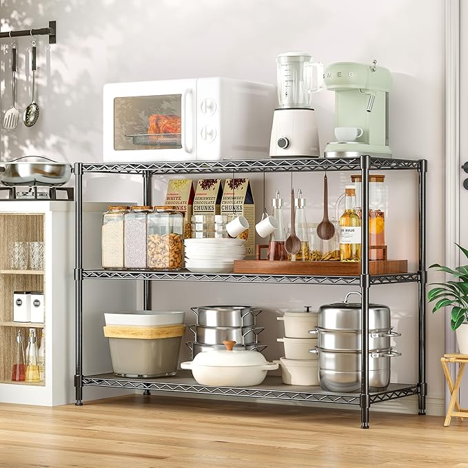 3-Shelf Adjustable Storage Shelves 36" W x 14" D x 36" H Metal Shelving Unit Heavy Duty Wire Rack Small Organizer with 3 Shelf Liners for Kitchen Pantry Bathroom Laundry Closet Garage Black