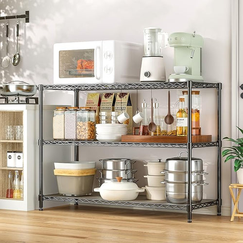 3-Shelf Adjustable Storage Shelves 36" W x 14" D x 36" H Metal Shelving Unit Heavy Duty Wire Rack Small Organizer with 3 Shelf Liners for Kitchen Pantry Bathroom Laundry Closet Garage Black