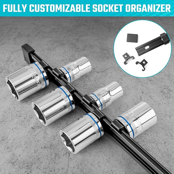 DURATECH Socket Organizer, 1/2-Inch Aluminum Alloy Socket Holder, Heavy Duty Socket Rail Hold 16 Sockets
