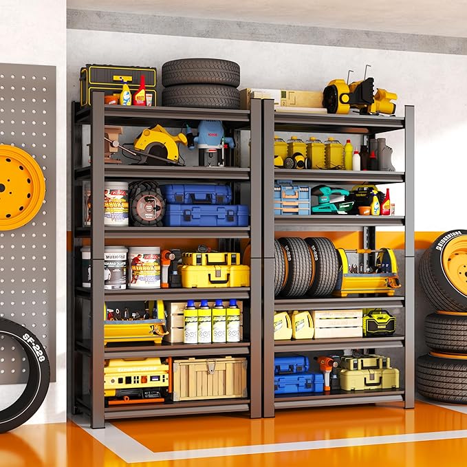 Storage Shelves, Garage Metal Shelving Unit, Adjustable, Double-Layer Column with Reinforced Ribs, Heavy-Duty, Capable of Bearing 600-3600 lbs (Black, 82 * 39 * 18, 6-Tier)