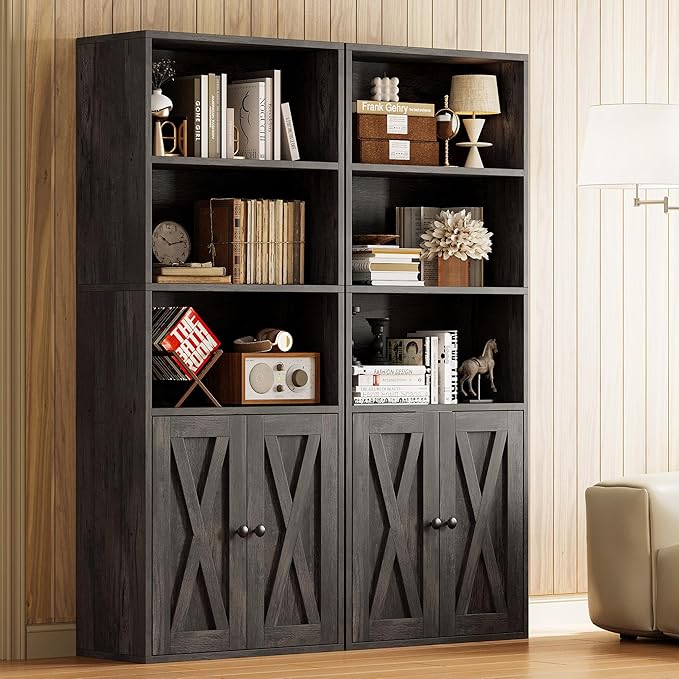 IRONCK Industrial Bookshelves and Bookcases with Doors 11.8 in Depth Set of 2 Floor Standing 5 Shelf Display Storage Shelves Bookcase Home Decor Furniture for Home, Office, Living Room, Bedroom