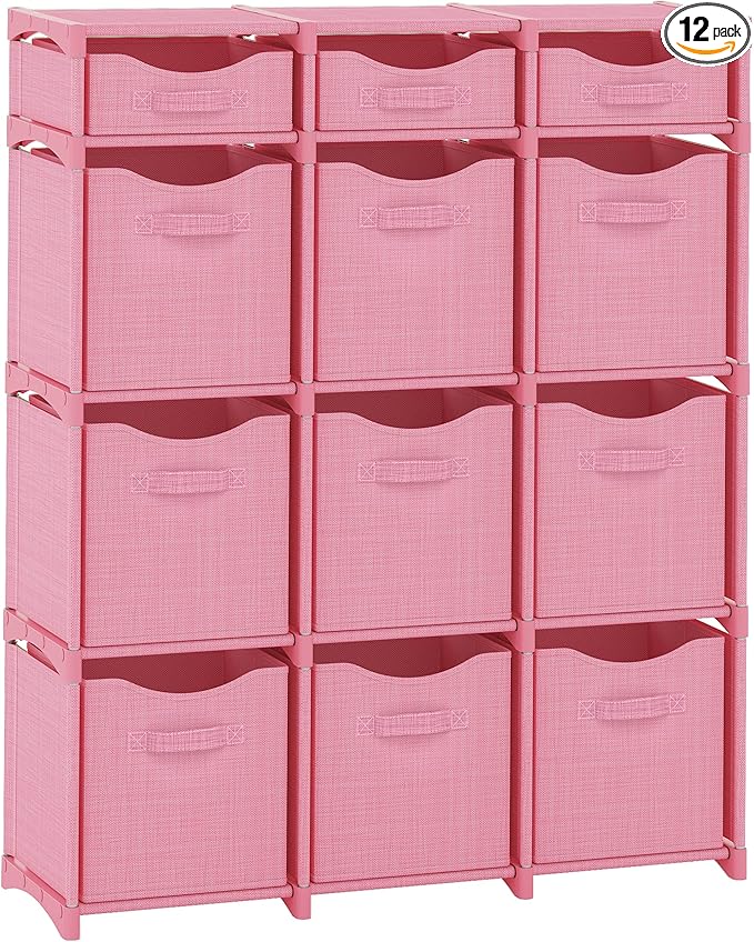 12 Cube Closet Organizers And Storage | Includes All Storage Cube Bins | Easy To Assemble Closet Storage Unit With Drawers | Room Organizer For Clothes, Baby Closet Bedroom, Playroom, Dorm (Pink)