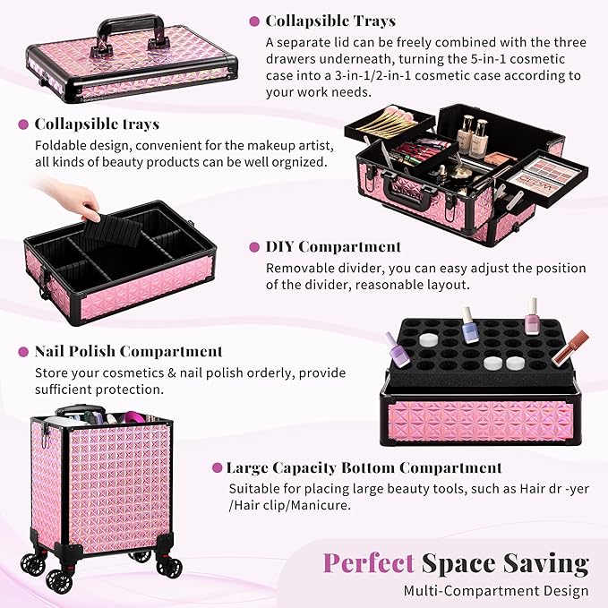 AROUS 5 in 1 Rolling Makeup Train Case Cosmetology Case on Wheels Large Cosmetic Organizer Travel Cart for Hairstylist Artist Nail Beauty Salon Barber,Pink