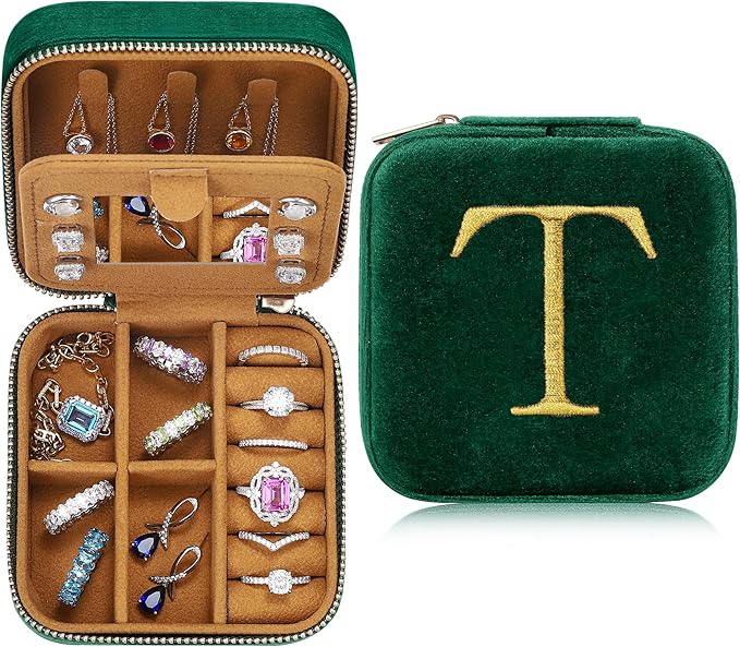 Parima Thanksgiving Gifts for Women - Teacher Appreciation & Birthday Gifts, Travel Jewelry Box Case - Letter T, Green