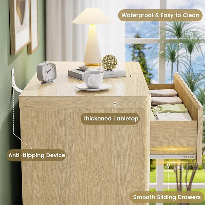 Fluted Nightstand with 3 Drawers, Wood Night Stand with Storage， 25" Wide Bedside Table, Modern Side Table for Bedroom, End Table for Living Room, Handleless Design, Curved Profile, Natural Oak 1PC