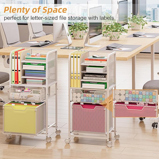 Rolling File Cart with 2 Drawers, White Rolling Cart with Drawers for Hanging File Folders, Letter-Size File Storage with Wheels, File Cabinet Organizer for Office and Home, White