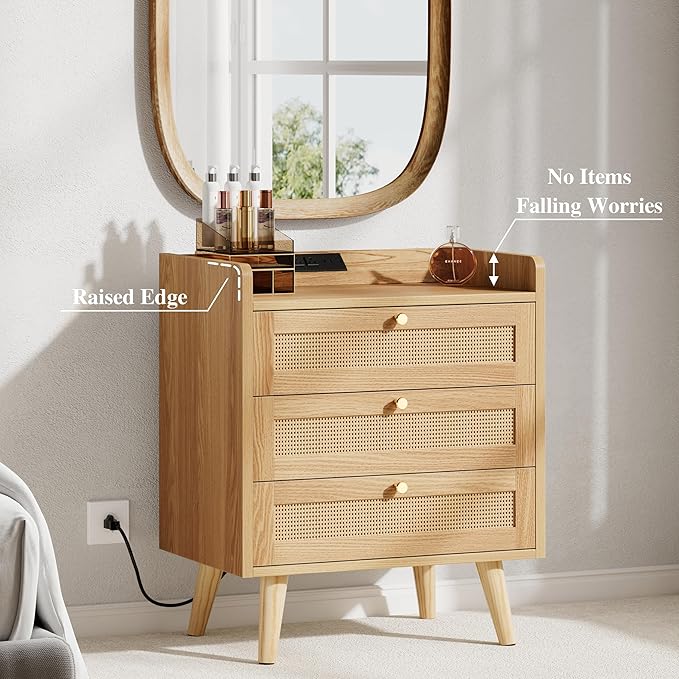 Rattan Night Stand with Charging Station, End Tables with 3 Drawer Dresser, Boho Bedside Table, Mid Century Modern Nightstand, RuralCabinet for Farmhouse Bedroom Living Room Sofa Couch Office Corner