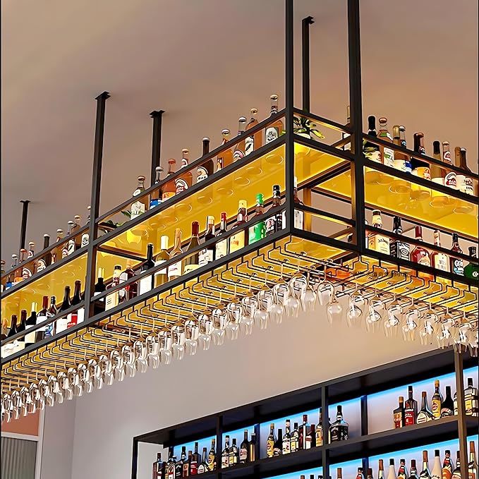 39.3IN Acrylic Ceiling Wine Glass Rack with Transparent Shelves, Hanging Wine Rack with Glass Holder and LED lights, 2 Layer Ceiling Bottle Holder Shelf for Bar Kitchen Decorate (39.3in/100cm)