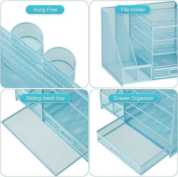Marbrasse Desk Organizer with File Holder, 5-Tier Paper Letter Tray Organizer with Drawer and 2 Pen Holder, Mesh Desktop Organizer and Storage with Magazine Holder for Office Supplies(Blue)