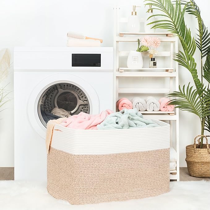 MINTWOOD Design 112L Extra Large Blanket Basket Holder Living Room, 25"x17"x16" Rectangle Rope Woven Storage Basket with Handles for Laundry, Pool Towels, Shoes, Dog Toy Organizer Bin Box, Light Brown