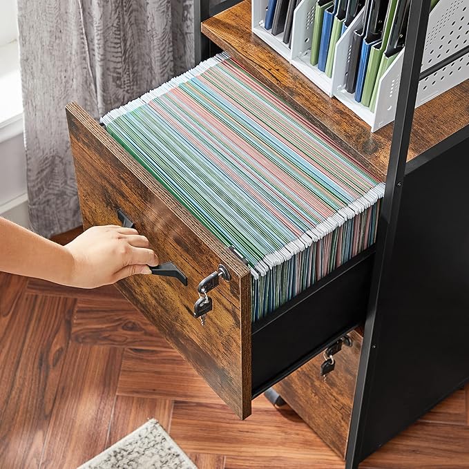 VASAGLE File Cabinet for Home Office, 2-Drawer Filing Cabinet with Lock, Open Shelf, Printer Stand, for A4 and Letter Sized Files, Adjustable Feet, Industrial, Rustic Brown and Ink Black UOFC045B01