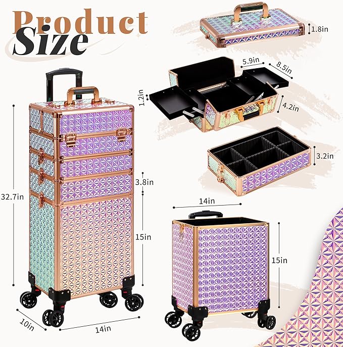 AROUS 5 in 1 Rolling Makeup Train Case Cosmetology Case on Wheels Large Cosmetic Organizer Travel Cart for Hairstylist Artist Nail Beauty Salon Barber,Colorful