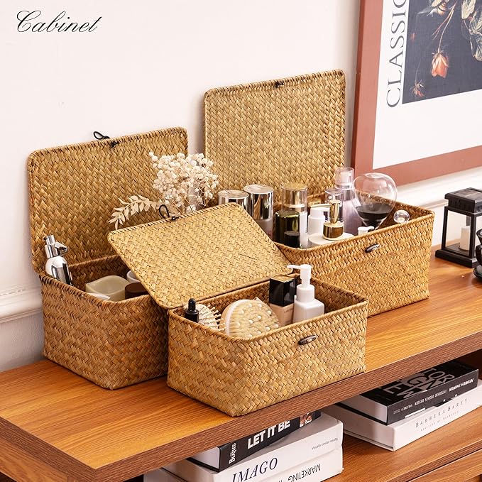 Nonam Storage Basket with Lid, Natural Seagrass Bin with Lid Set of 3, Shelf Baskets Multipurpose Container for Boho Decoration, Rectangular Household Storage Boxes for Home Organization